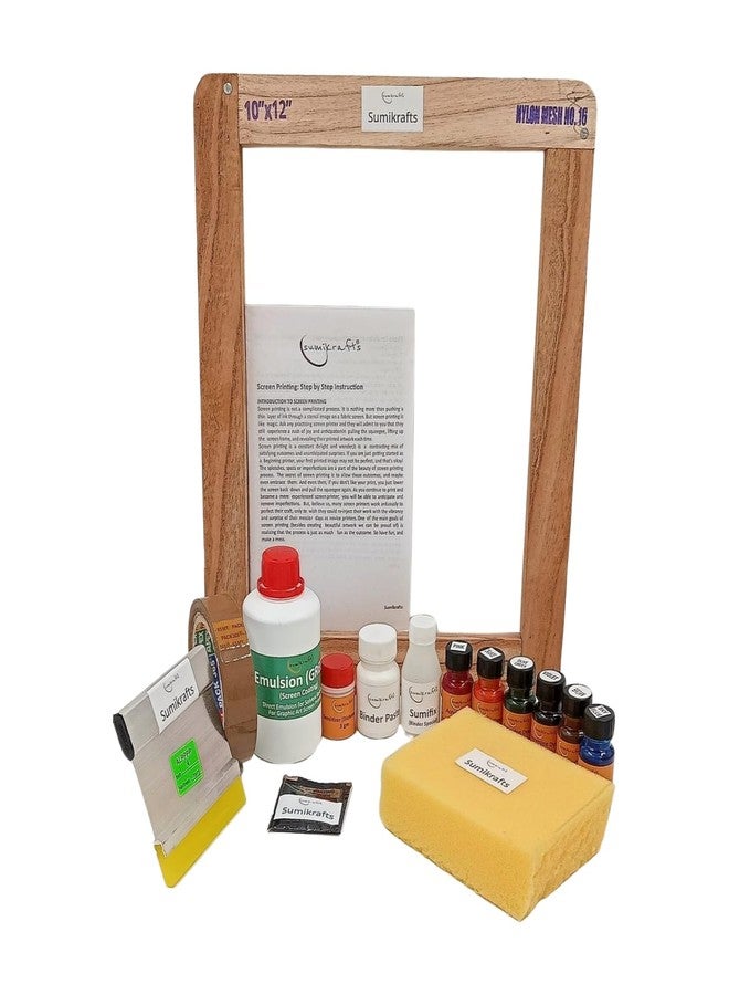 sumikrafts Screen Printing kit for Beginners: 6 Assorted Pigment Dyes+ Screen Printing Wooden Frame 10"x12" pre Stretched mesh no 16 -Graphic Arts,Textile and Apparel (Option 10) - Image 1
